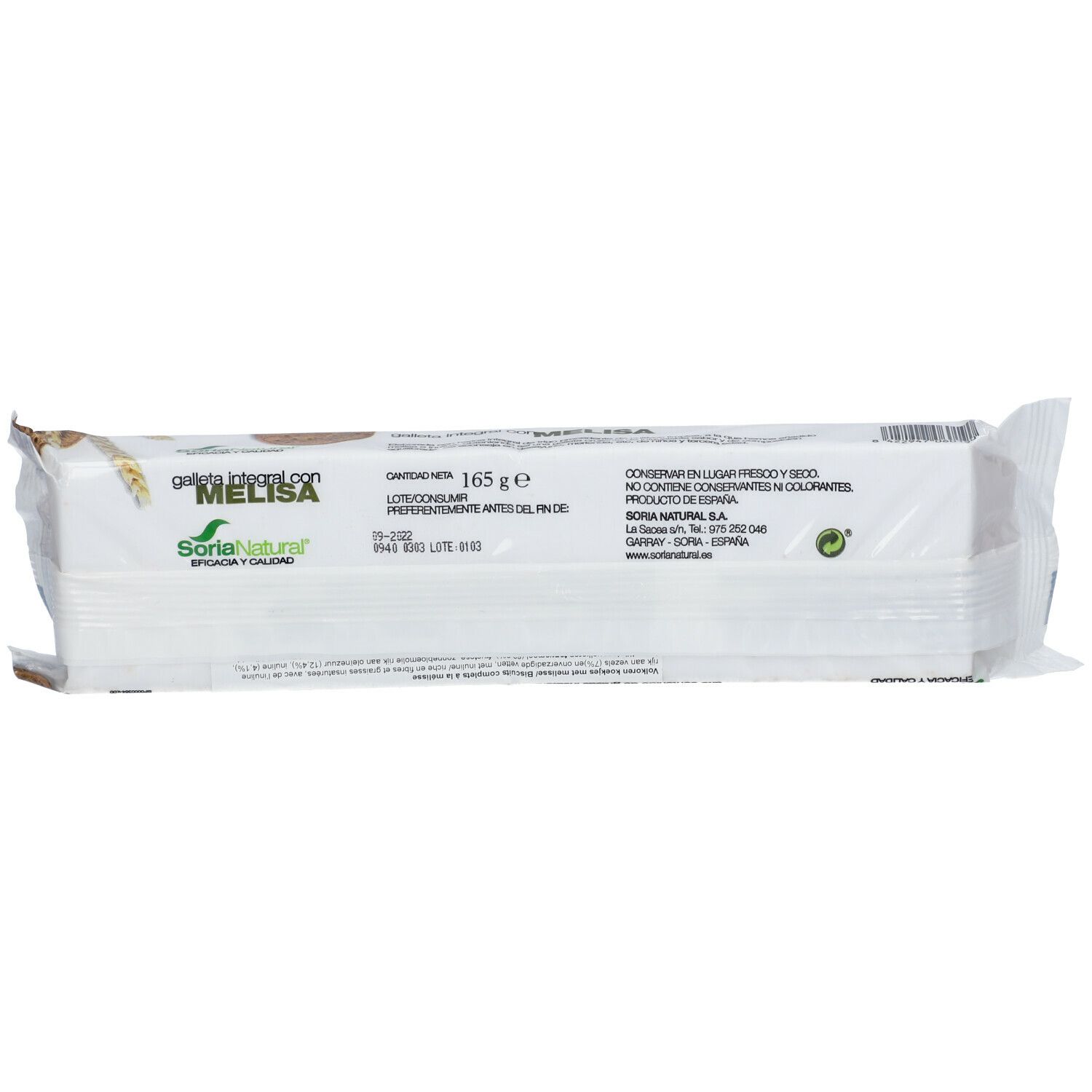 Dos du paquet de biscuits. Visible: nom du produit, logo, informations, informations fabricant. Emballage blanc.