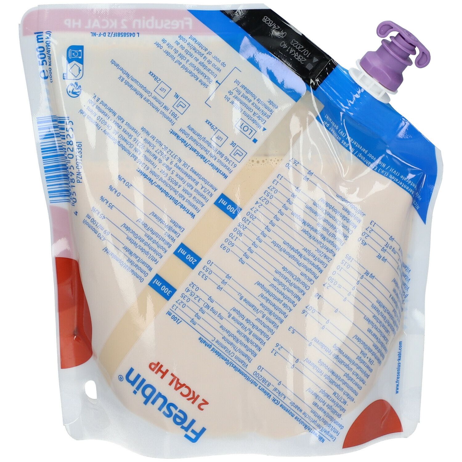 Fresubin 2 kcal HP. Poche de liquide, 500 ml. Fermeture violette. Inscriptions sur le produit.