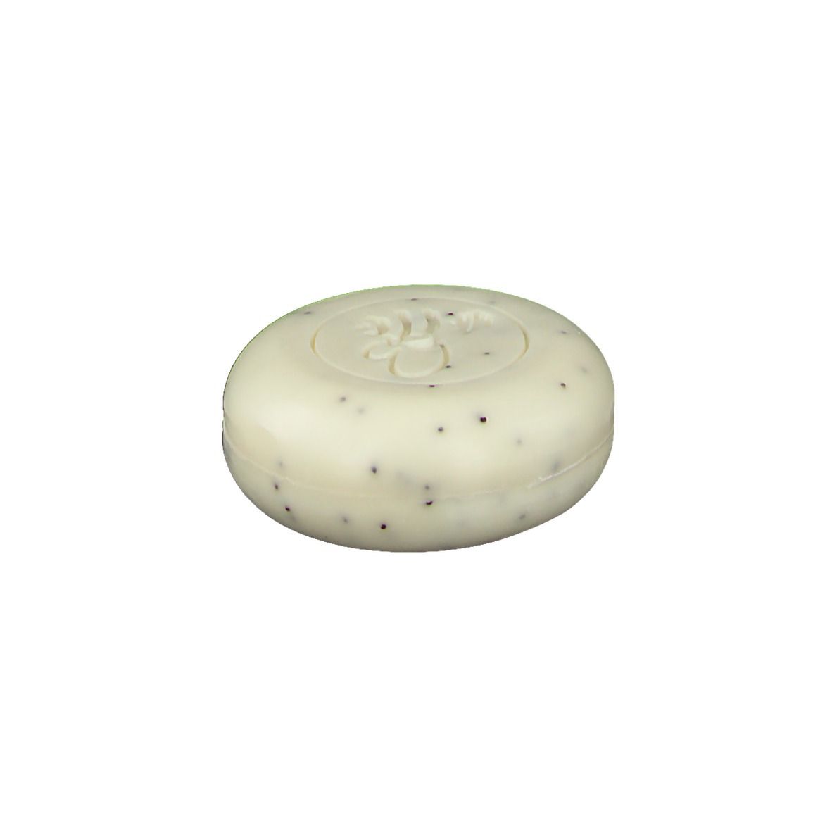 Savon rond avec points noirs. Dessus: logo. Couleur blanc-beige.