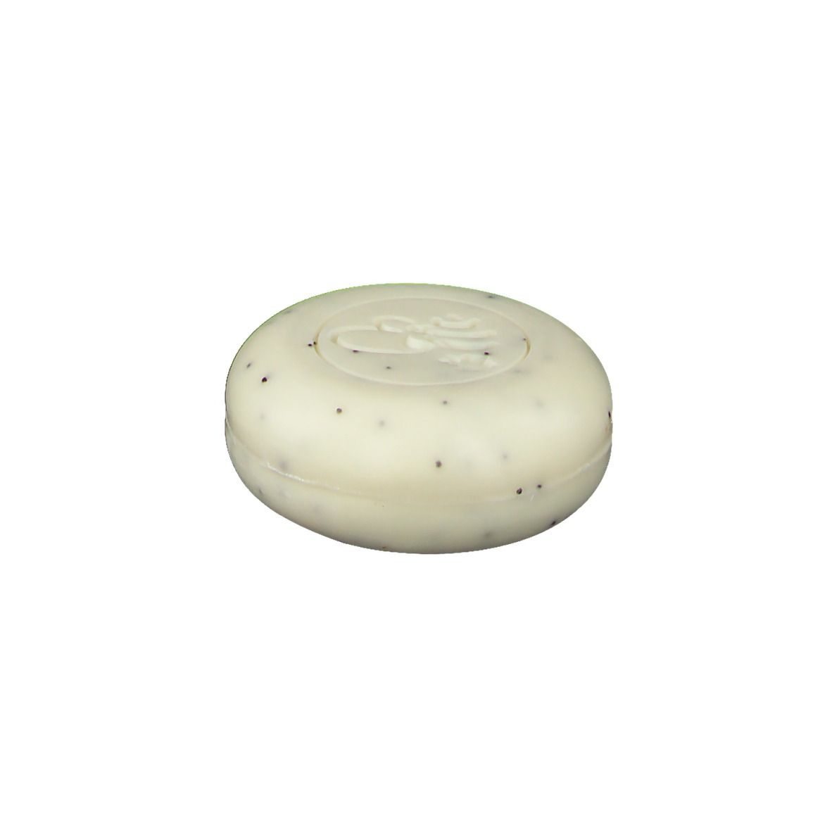 Savon rond avec points noirs. Dessus: logo. Couleur blanc-beige.