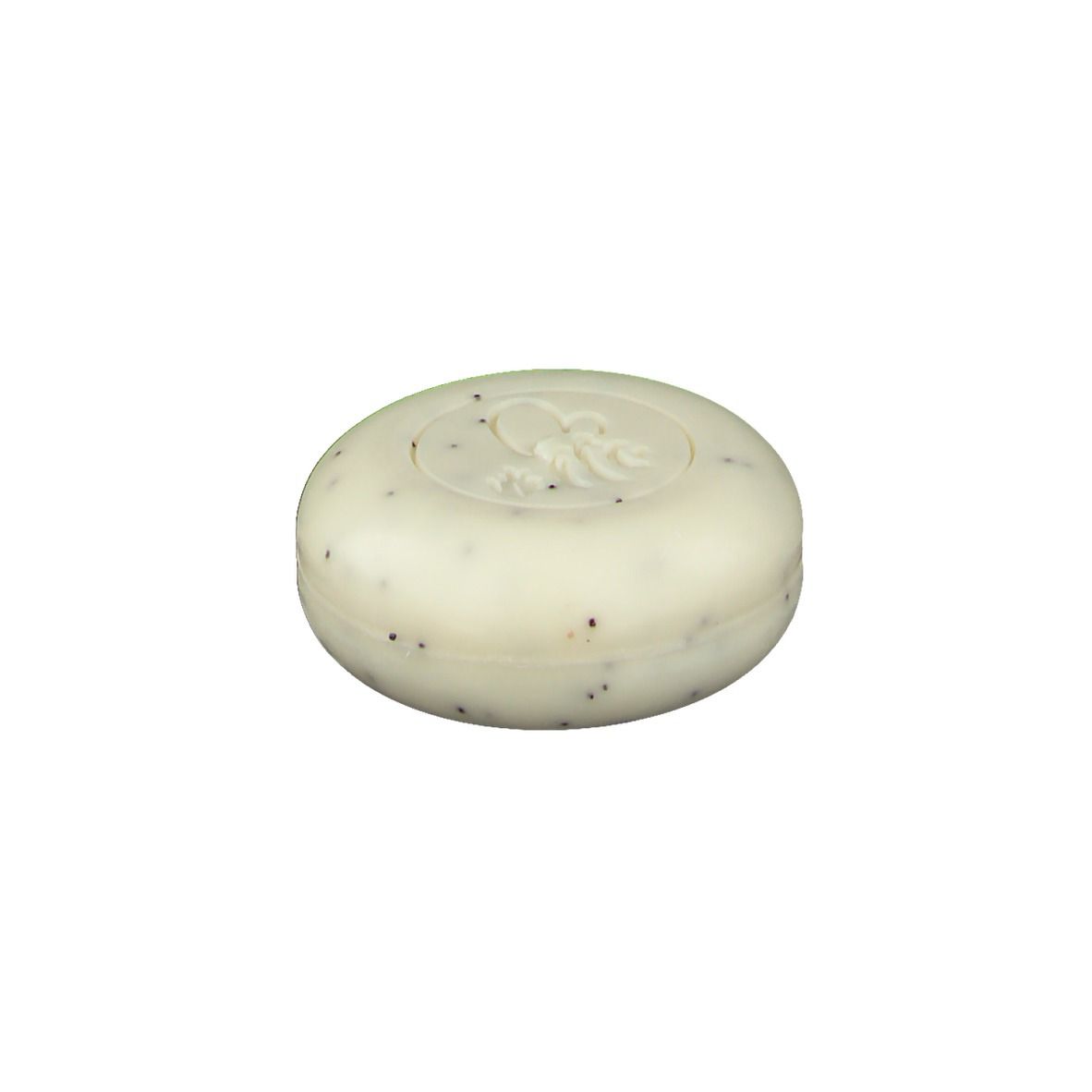 Savon rond avec points noirs. Dessus: logo. Couleur blanc-beige.