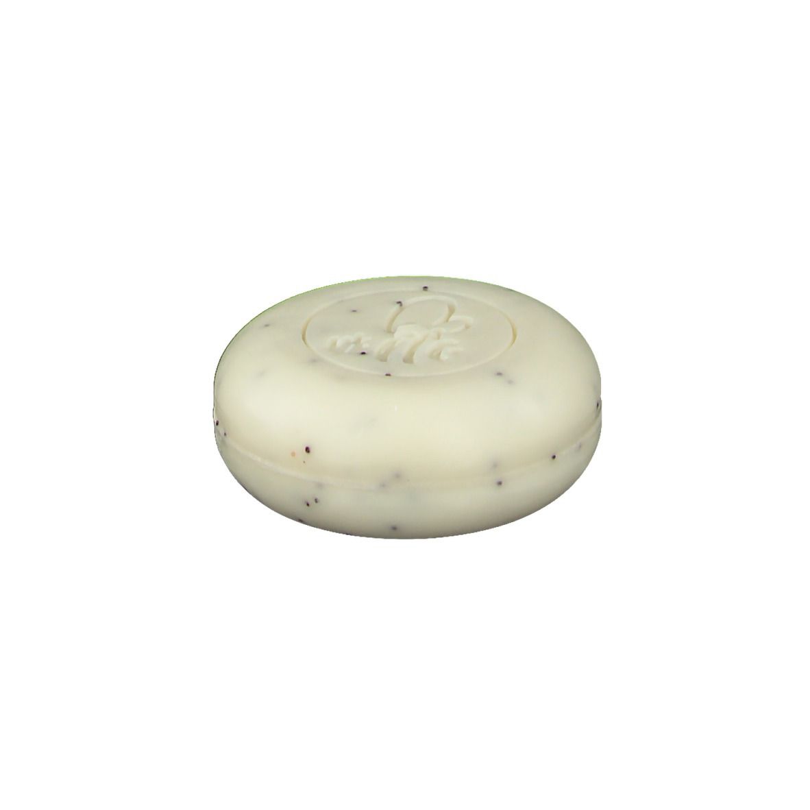 Savon rond avec points noirs. Dessus: logo. Couleur blanc-beige.
