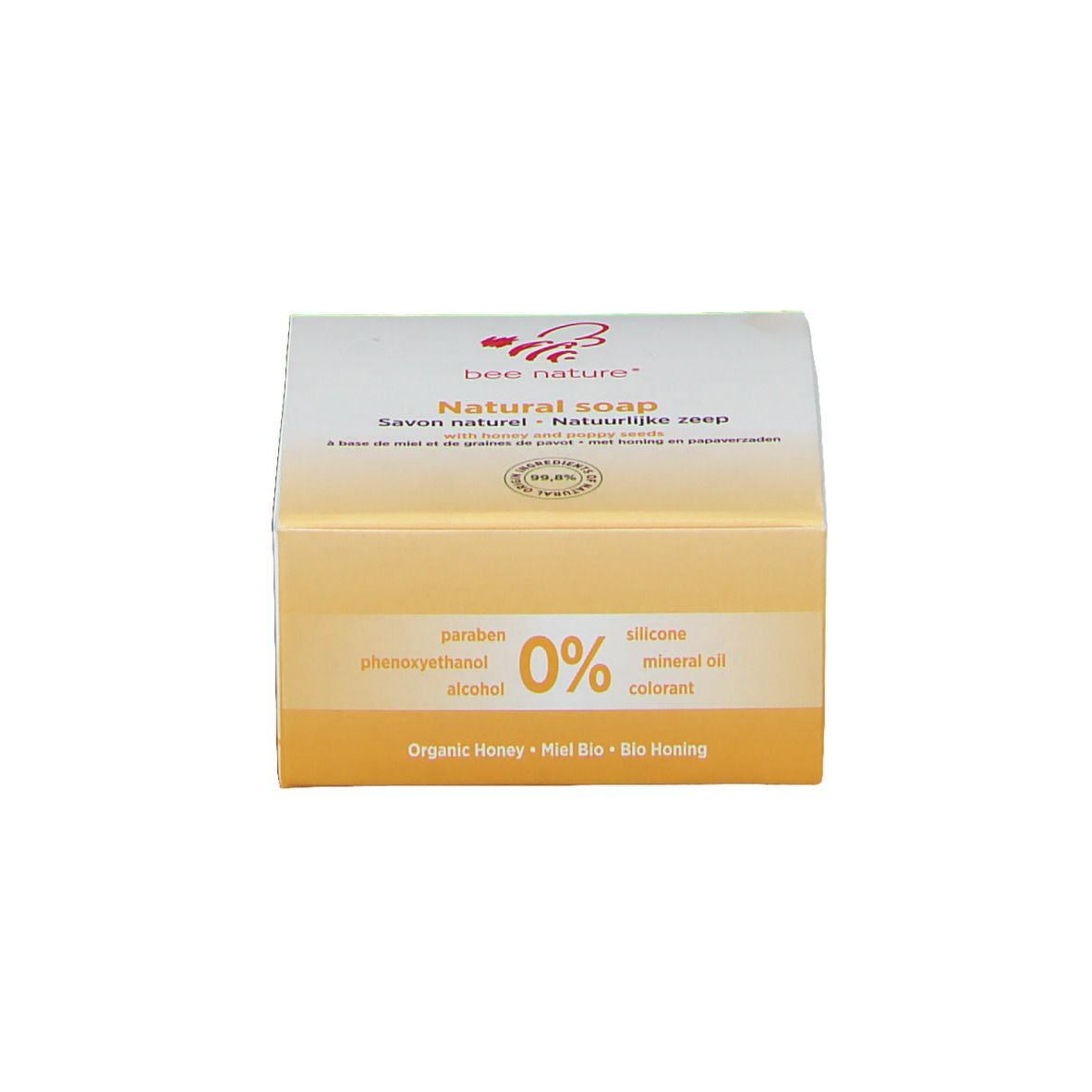Emballage: bee nature® Natural soap. Texte: 0% paraben, phénoxyéthanol, alcool, silicone, huile minérale, colorant.