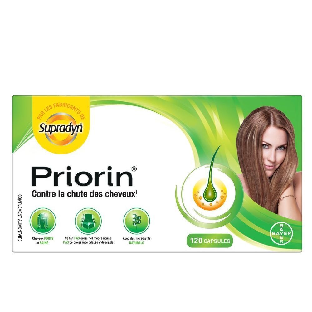 Boîte Priorin. Inscription : Contre la chute des cheveux. 120 capsules. Femme aux cheveux longs et symbole cheveux.