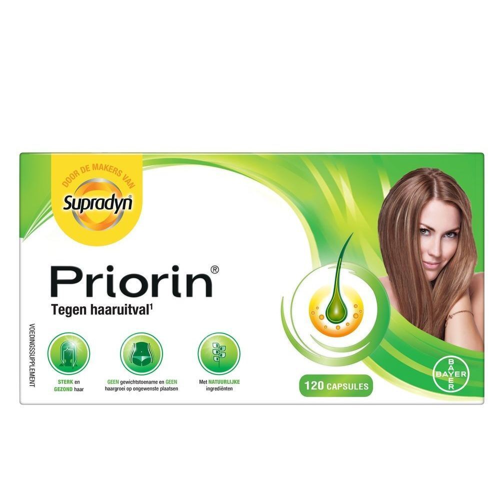 Priorin doos. Opschrift: Tegen haaruitval. 120 capsules. Vrouw met lang haar en haarsymbool.