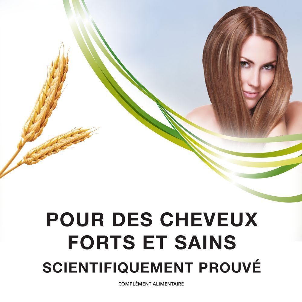 Boîte Priorin. Inscription : Contre la chute des cheveux. 120 capsules. Femme aux cheveux longs et symbole cheveux.