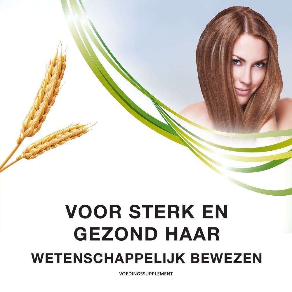 Priorin doos. Opschrift: Tegen haaruitval. 120 capsules. Vrouw met lang haar en haarsymbool.