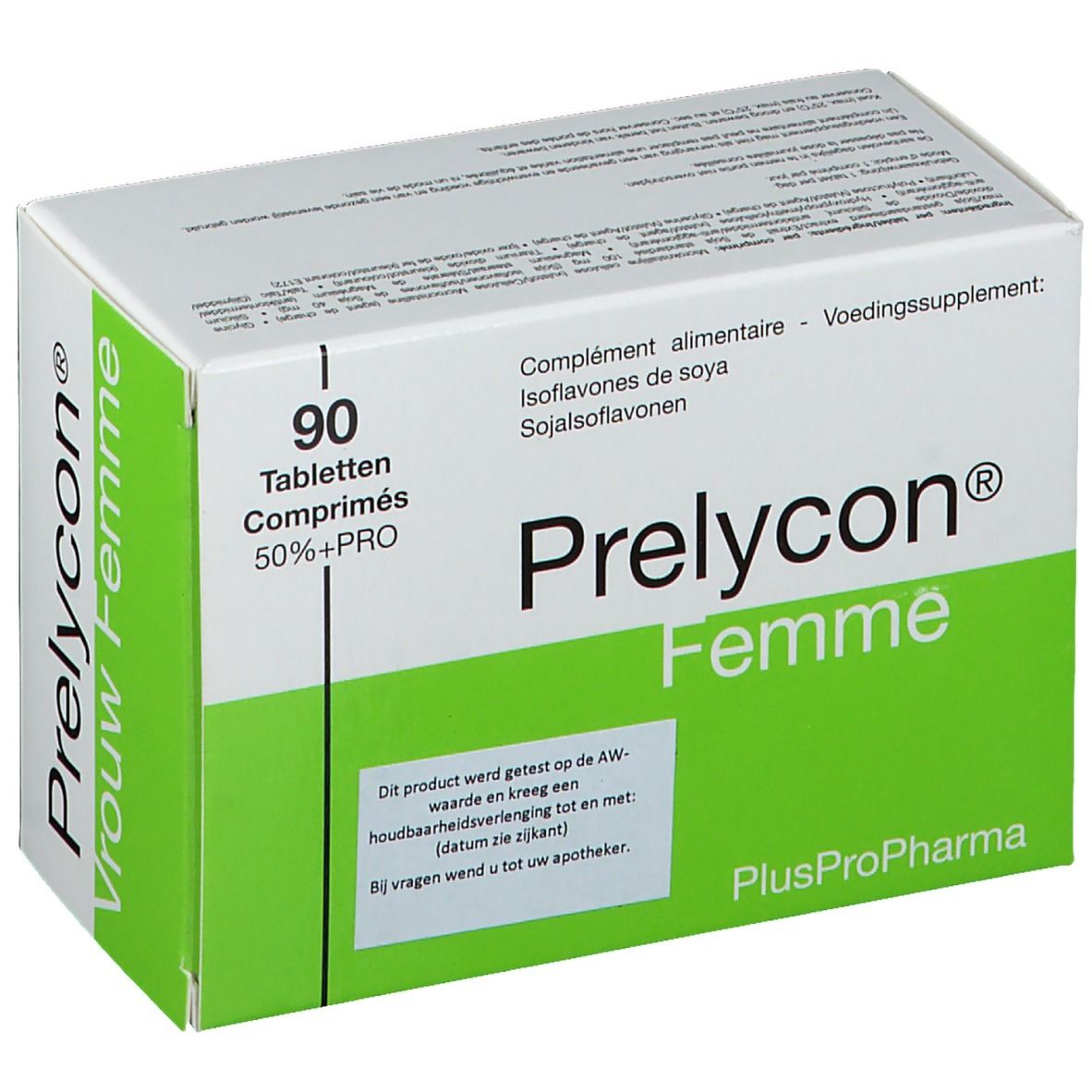 Boîte blanche et verte 'Prelycon Femme'. Contient 90 comprimés. Texte en néerlandais, français et anglais.