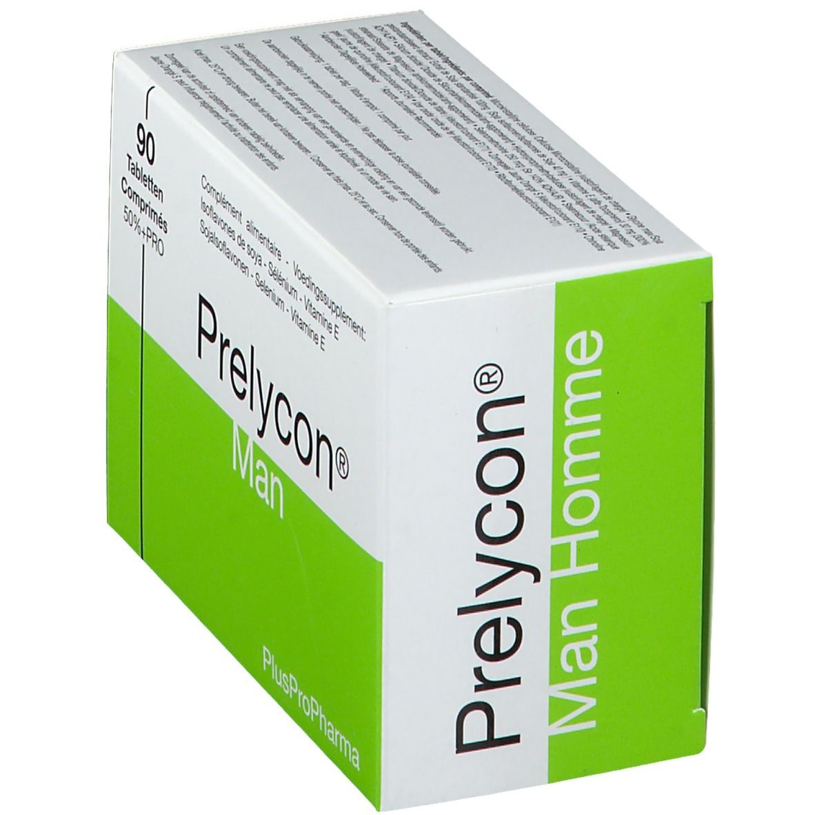 Boîte blanche et verte "Prelycon Man Homme". Contient 90 comprimés. Logo PlusProPharma.