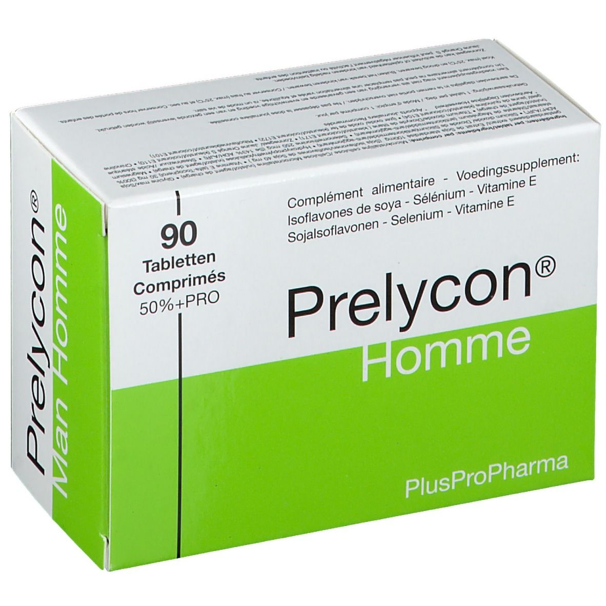 Boîte blanche et verte "Prelycon Homme". Contient 90 comprimés. Logo PlusProPharma.