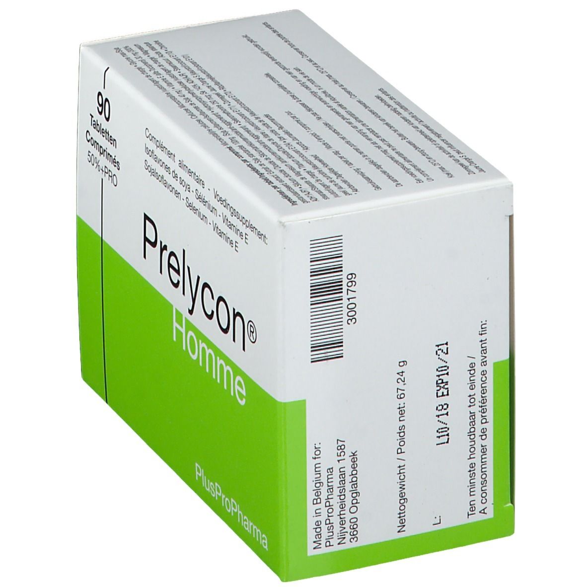 Boîte blanche et verte "Prelycon Homme". Contient 90 comprimés. Logo PlusProPharma. Détails sur l'emballage.