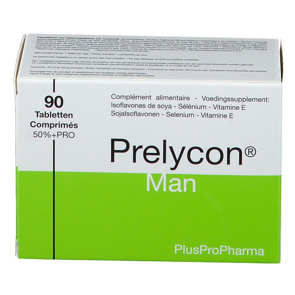 Boîte blanche et verte "Prelycon Man". Contient 90 comprimés. Logo PlusProPharma.