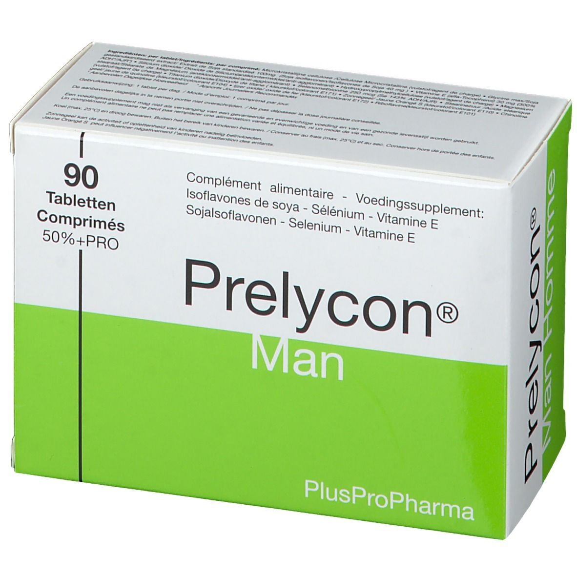 Boîte blanche et verte "Prelycon Man Homme". Contient 90 comprimés. Logo PlusProPharma.