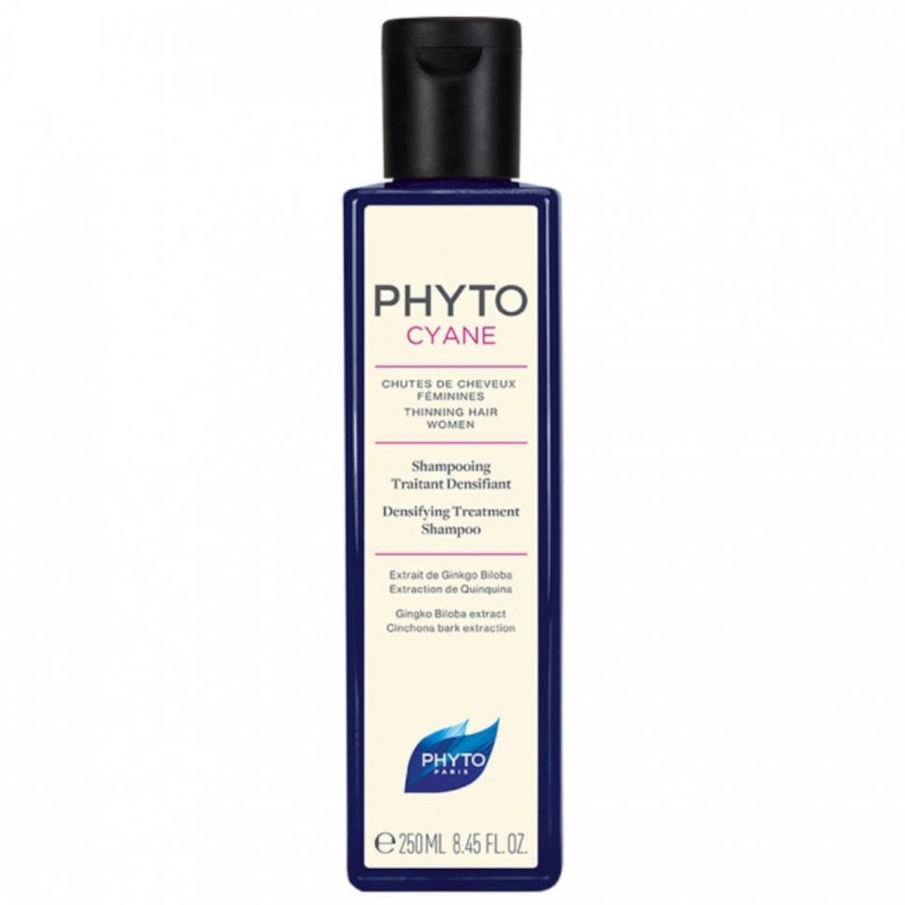 Flacon bleu avec bouchon noir. Inscription: PHYTOCYANE, chute de cheveux féminine. 250 ml.