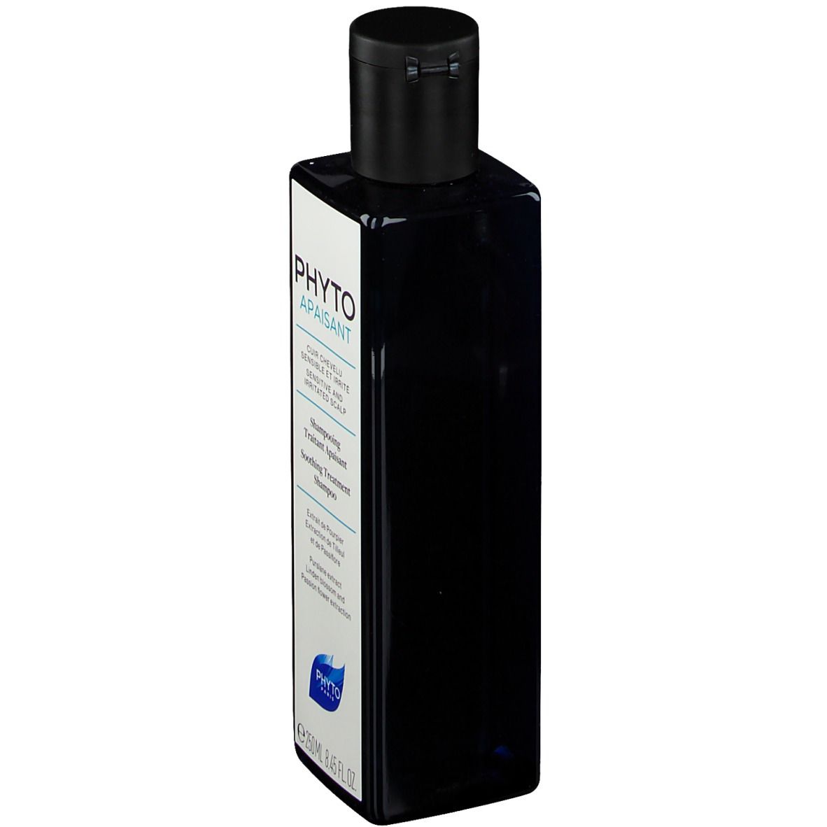 Flacon noir avec bouchon noir. Inscription: Phyto Apaisant, shampooing pour cuir chevelu sensible. 250ml.