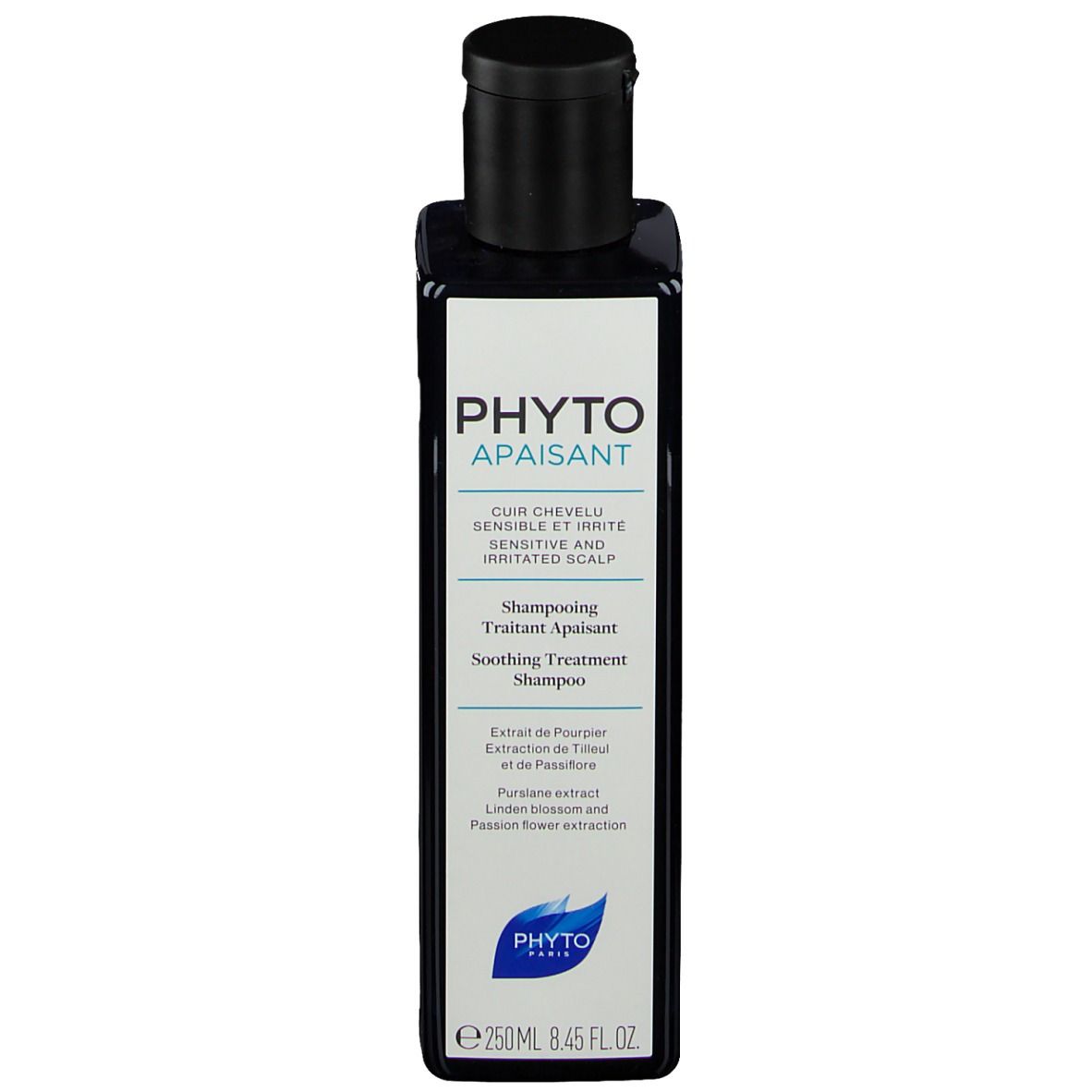 Flacon noir avec bouchon noir. Inscription: Phyto Apaisant, shampooing pour cuir chevelu sensible. 250ml.