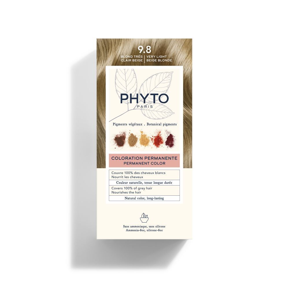 PHYTOCOLOR 9.8 Zeer licht beige blond. Doos met productinfo en logo. Permanente kleuring. Plantaardige pigmenten. Zonder ammonia, silicone.
