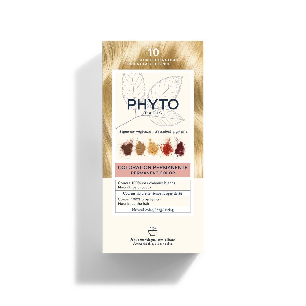 Boîte PHYTO COLOR 10 Blond Extra Clair. Inscriptions: Coloration Permanente, enrichie en pigments végétaux. Couvre 100% des cheveux blancs.