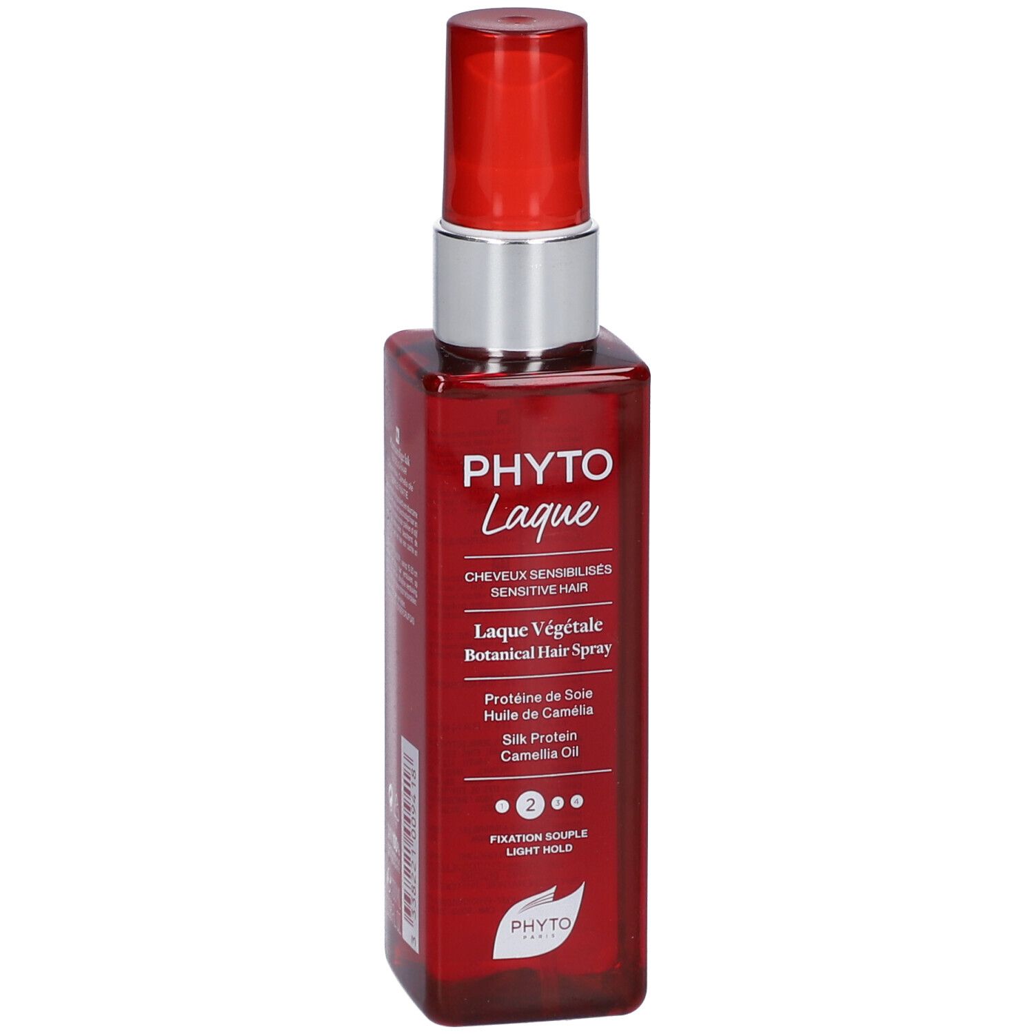 Rote Flasche mit silbernem Sprühkopf. Aufschrift: PHYTO Laque, Laca Vegetale, Light Hold. Für empfindliches Haar.