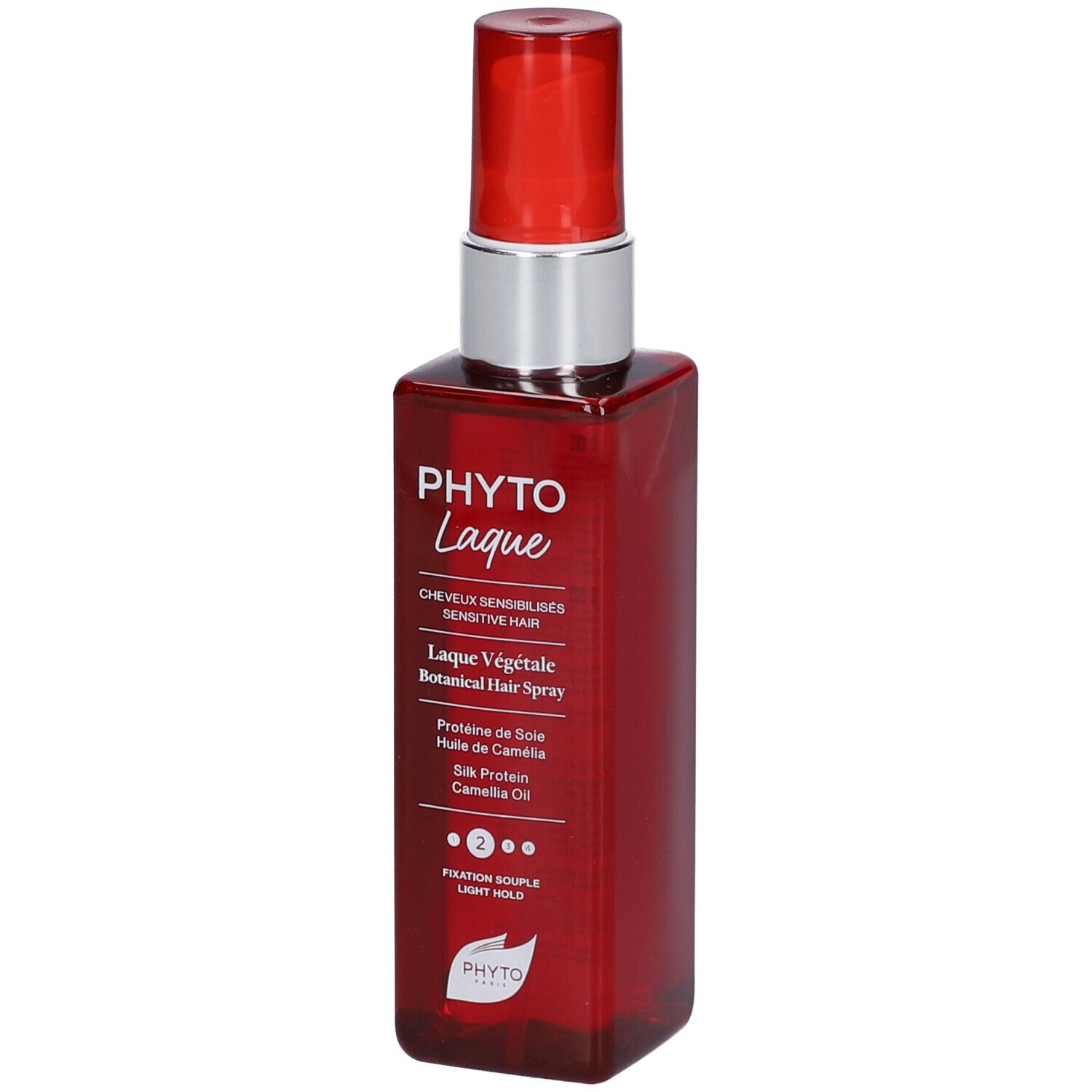 Rote Flasche mit silbernem Sprühkopf. Aufschrift: PHYTO Laque, Laca Vegetale, Light Hold. Für empfindliches Haar.