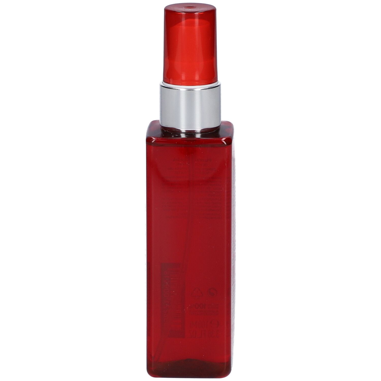 Rote Flasche mit silbernem Sprühkopf. Etikett mit Text. Produktname nicht lesbar.