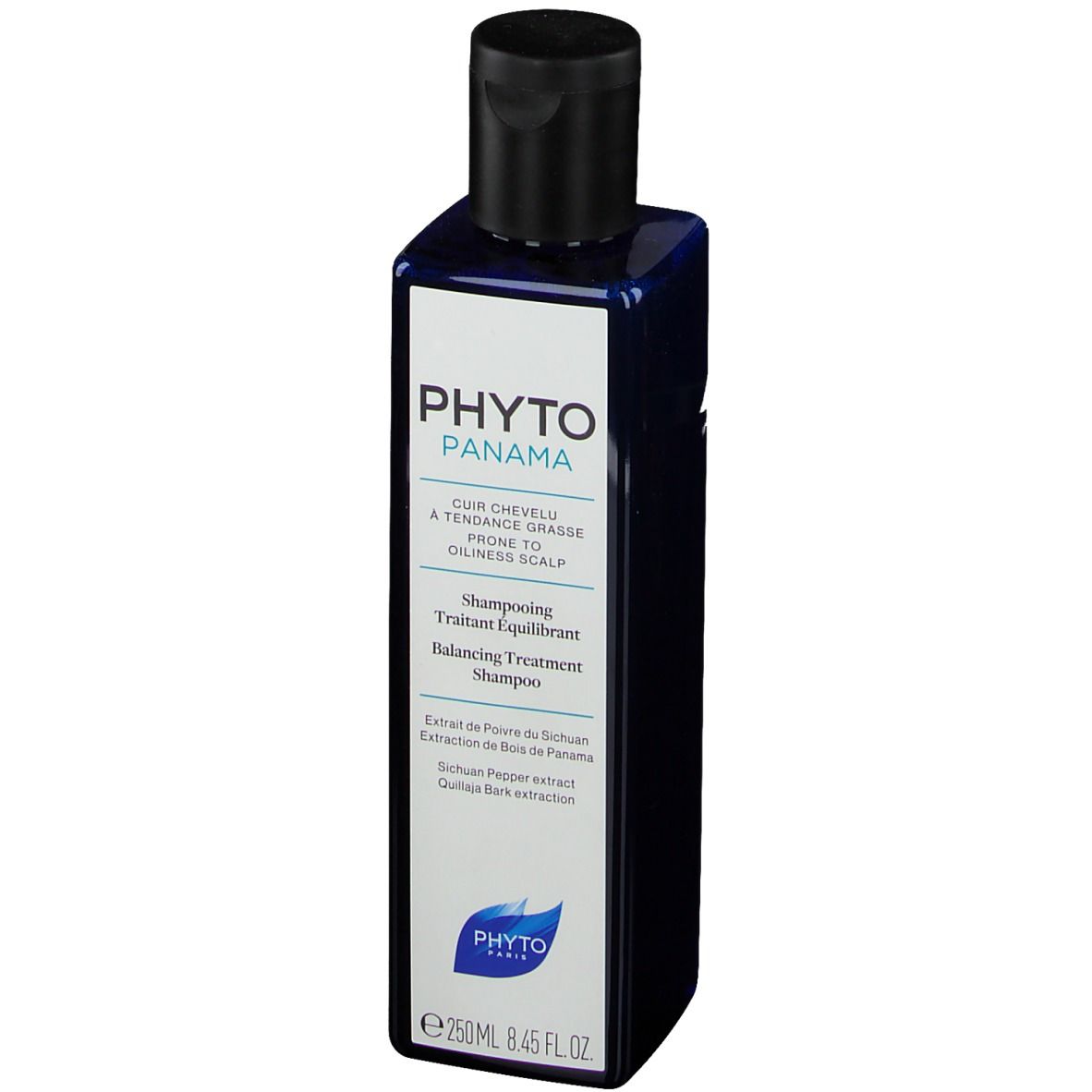 Flacon bleu foncé avec bouchon noir. Inscription: PHYTO PANAMA, Shampooing Traitant Équilibrant, Balancing Treatment Shampoo.