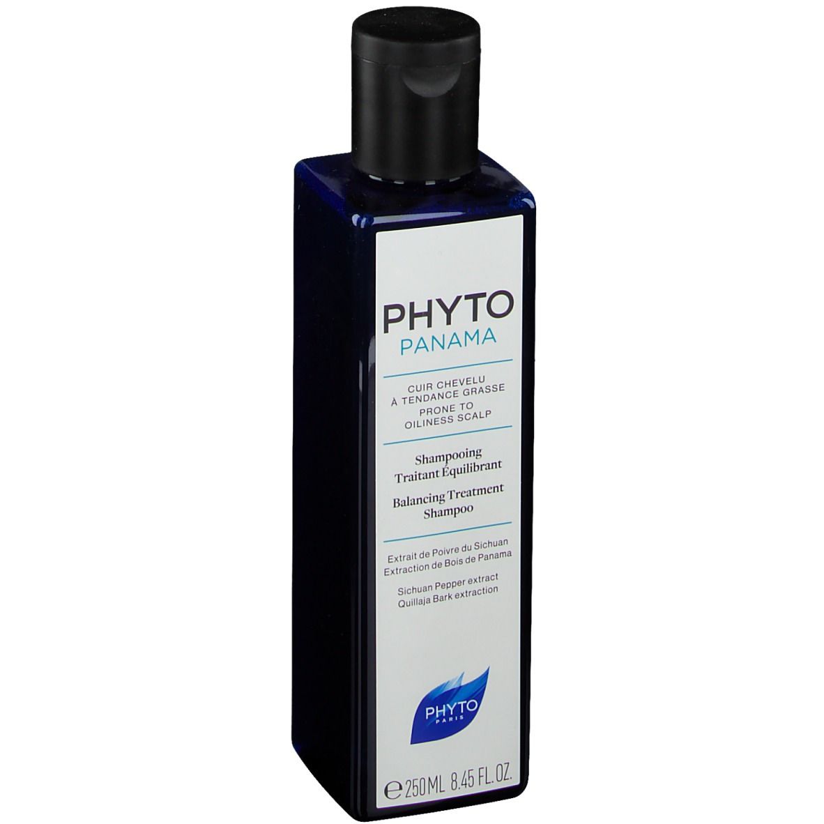 Flacon bleu foncé avec bouchon noir. Inscription: PHYTO PANAMA, Shampooing Traitant Équilibrant, Balancing Treatment Shampoo.