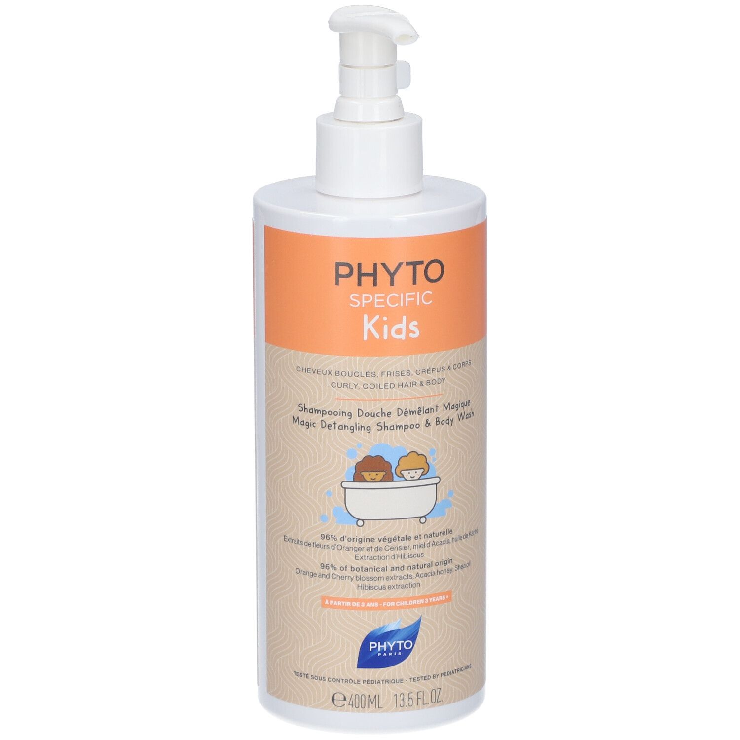 Flacon avec pompe blanche. Étiquette avec zone orange et texte PHYTO SPECIFIC Kids. Illustration d'enfants dans une baignoire.
