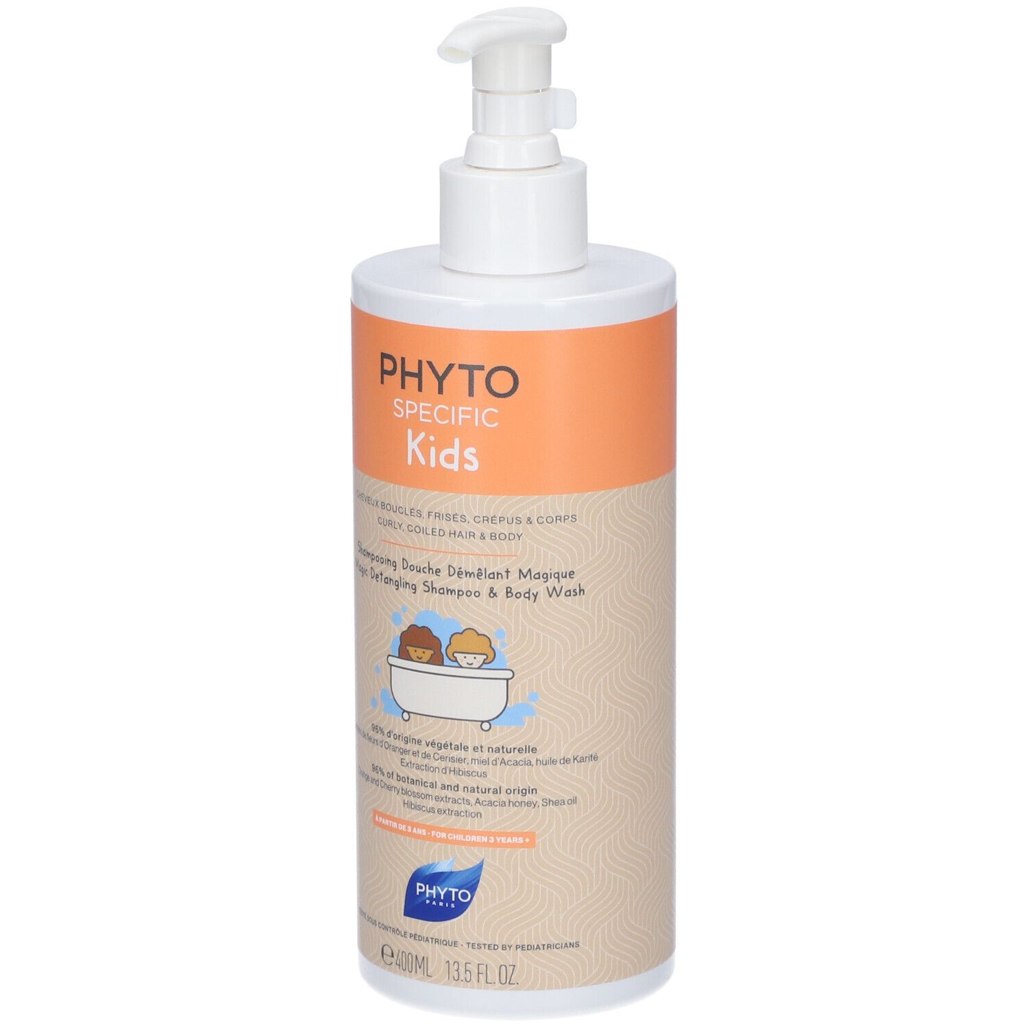 Flacon avec pompe blanche. Étiquette avec zone orange et texte PHYTO SPECIFIC Kids. Illustration d'enfants dans une baignoire.