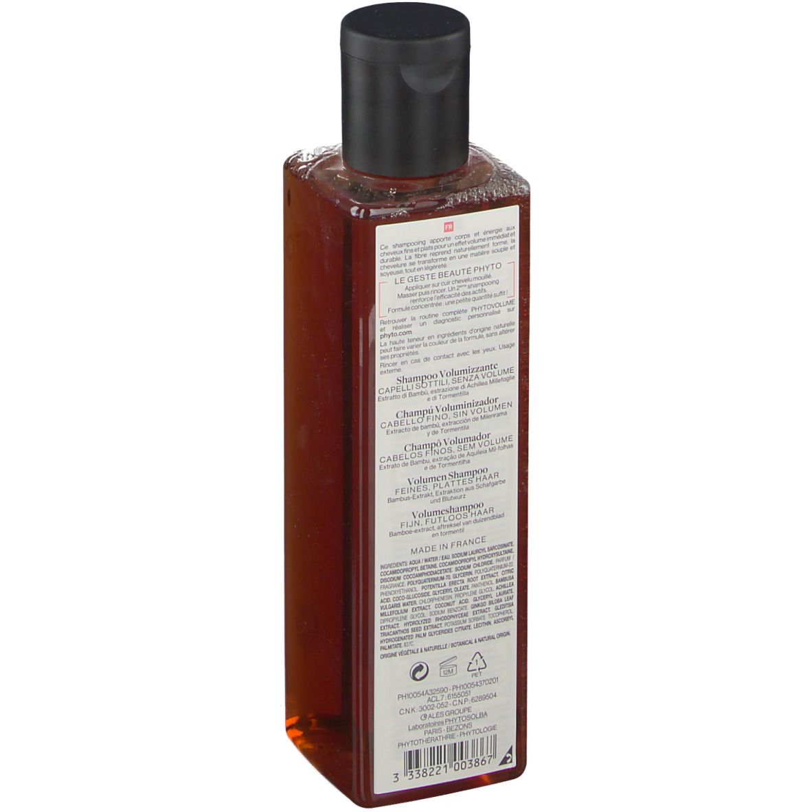 Dos d'un flacon marron avec bouchon noir. Étiquette avec informations sur le produit et ingrédients.