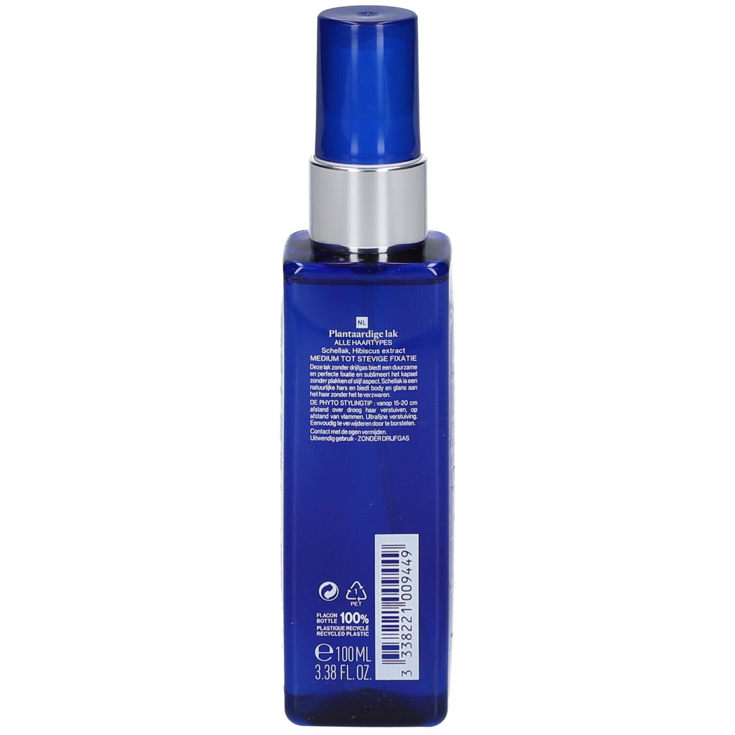 Flacon bleu de laque pour cheveux. Tête de pulvérisation argentée. Texte multilingue. 100ml.