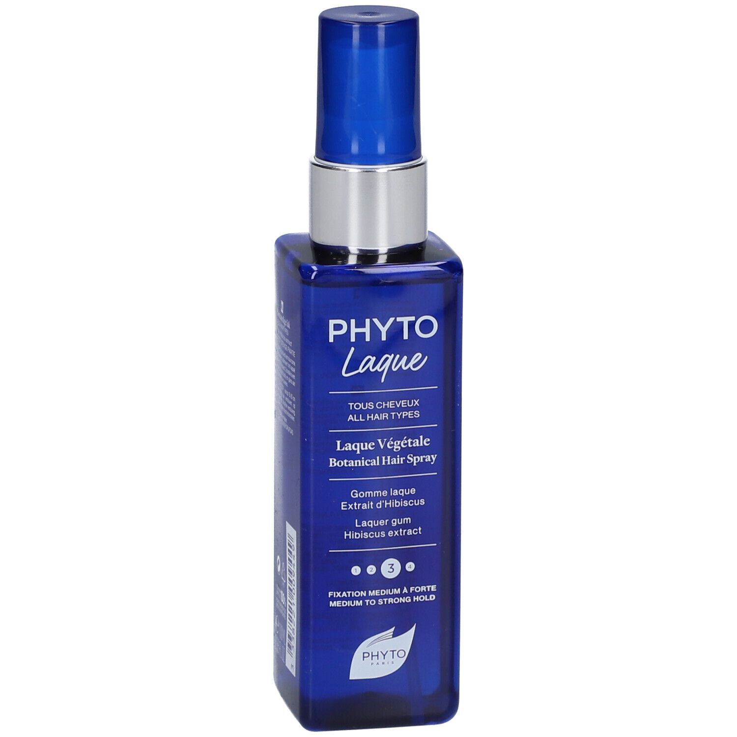 Flacon bleu de laque pour cheveux. Tête de pulvérisation argentée. Nom: PHYTO Laque. Texte: Tous Cheveux, Fixation Medium.