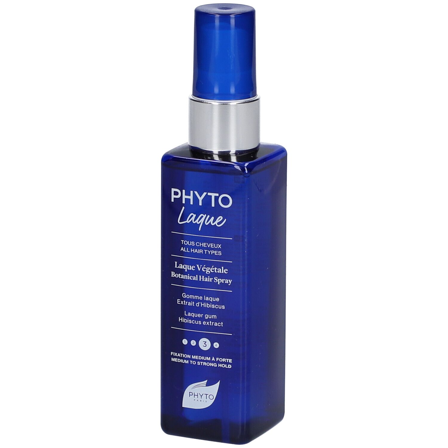 Flacon bleu de laque pour cheveux. Tête de pulvérisation argentée. Nom: PHYTO Laque. Texte: Tous Cheveux, Fixation Medium.