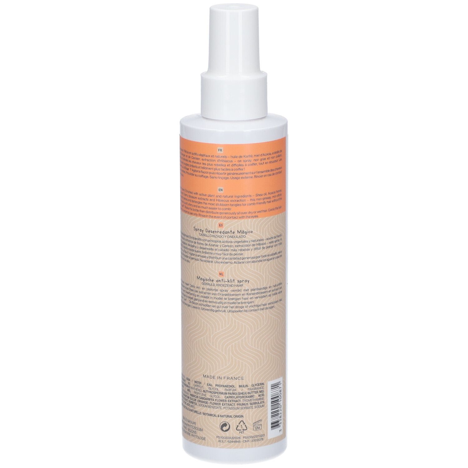 Flacon spray. Dos avec texte. Couleurs beige et orange.