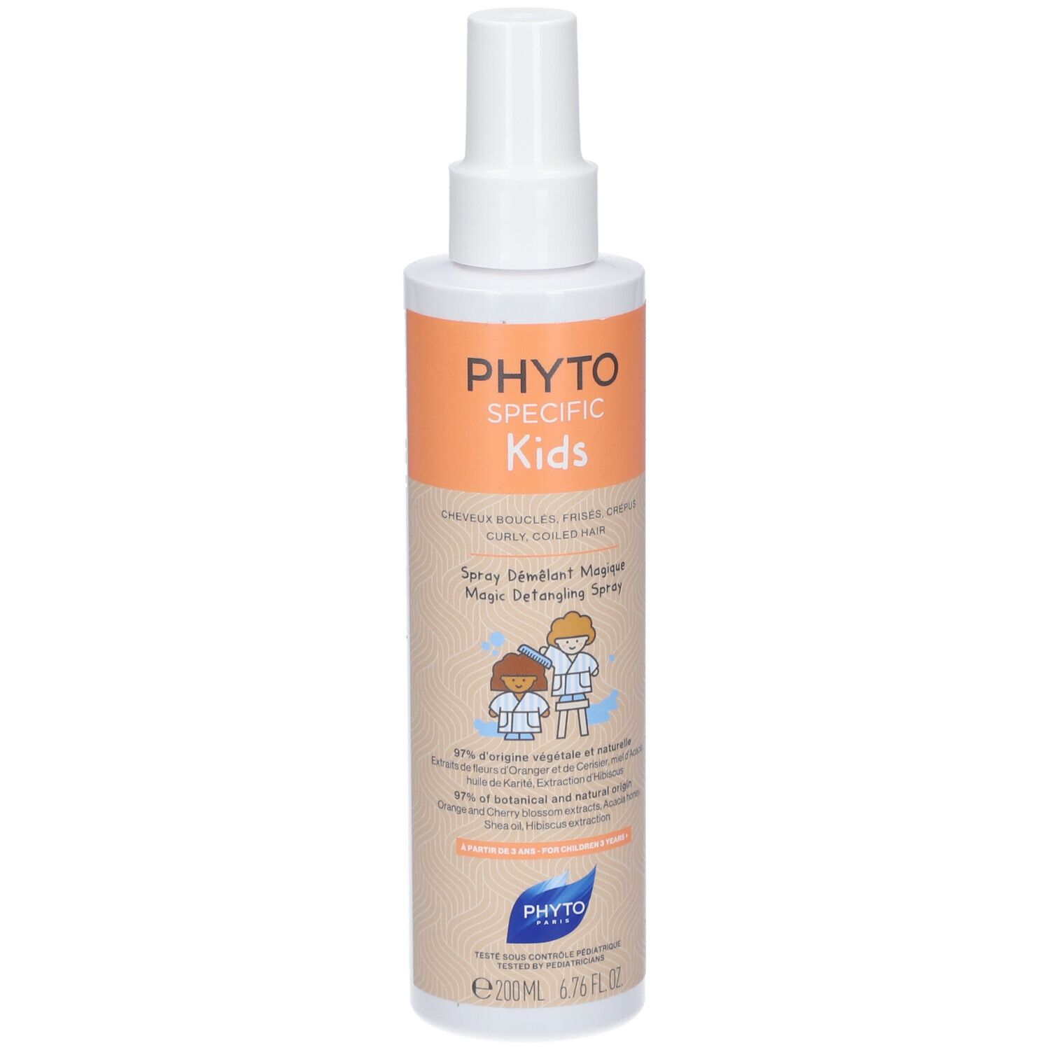 Flacon spray. Inscription: PHYTO SPECIFIC Kids. Nom du produit: Spray Démêlant Magique. Illustration: enfants.