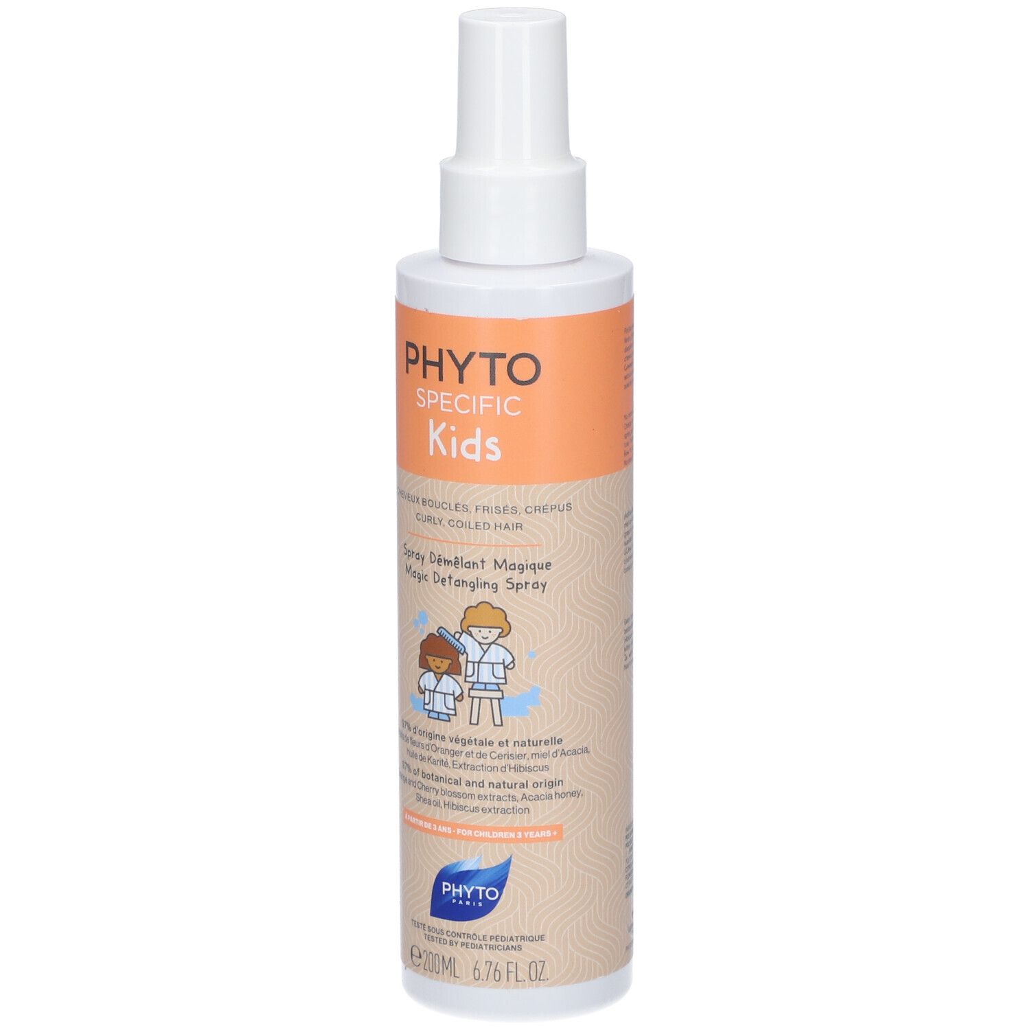 Flacon spray. Inscription: PHYTO SPECIFIC Kids. Nom du produit: Spray Démêlant Magique. Illustration: enfants.