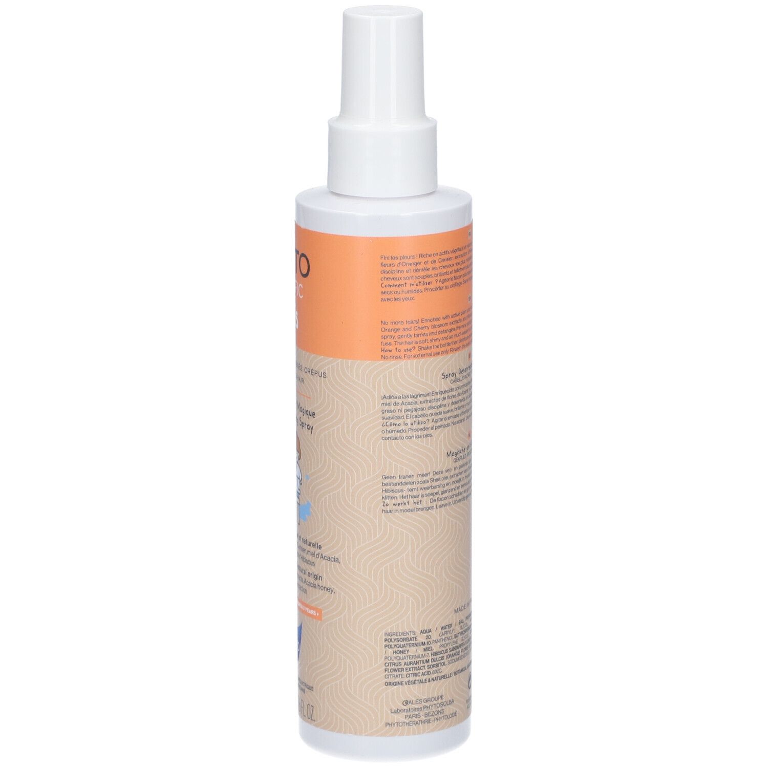 Flacon spray. Dos avec texte. Couleurs beige et orange.