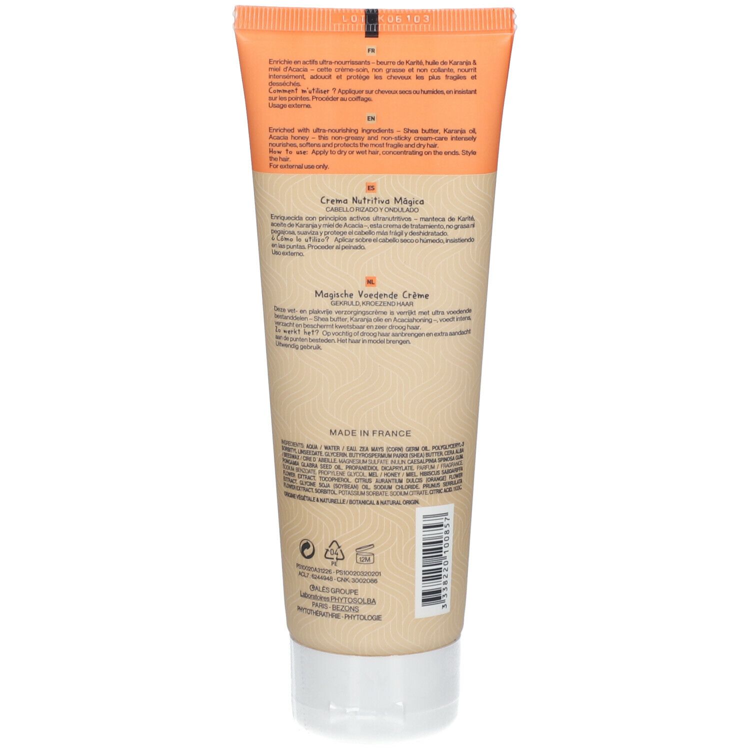 Dos du tube. Texte: Crème Nourrissante Magique, ingrédients, origine France. Code-barres et autres informations.