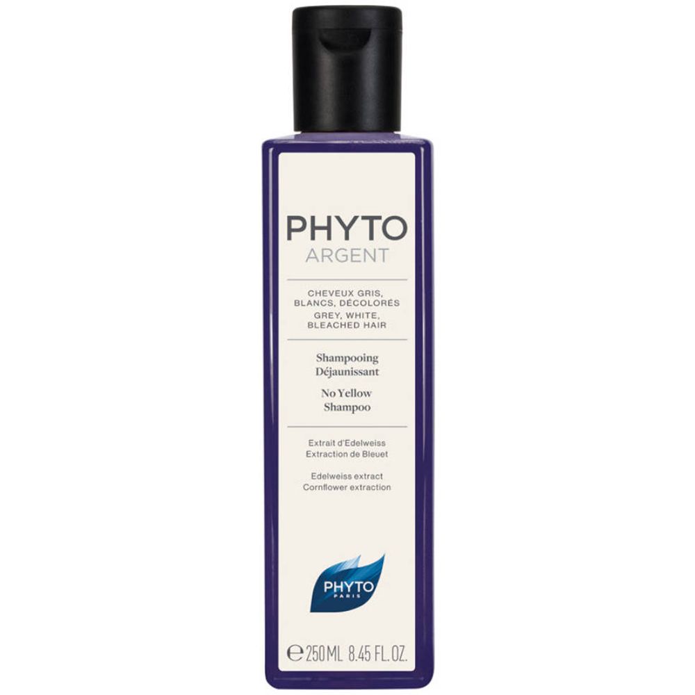 Fles PHYTO ARGENT shampoo. Zwarte dop, paarse fles met wit etiket. Tekst: Shampooing Déjaunissant.
