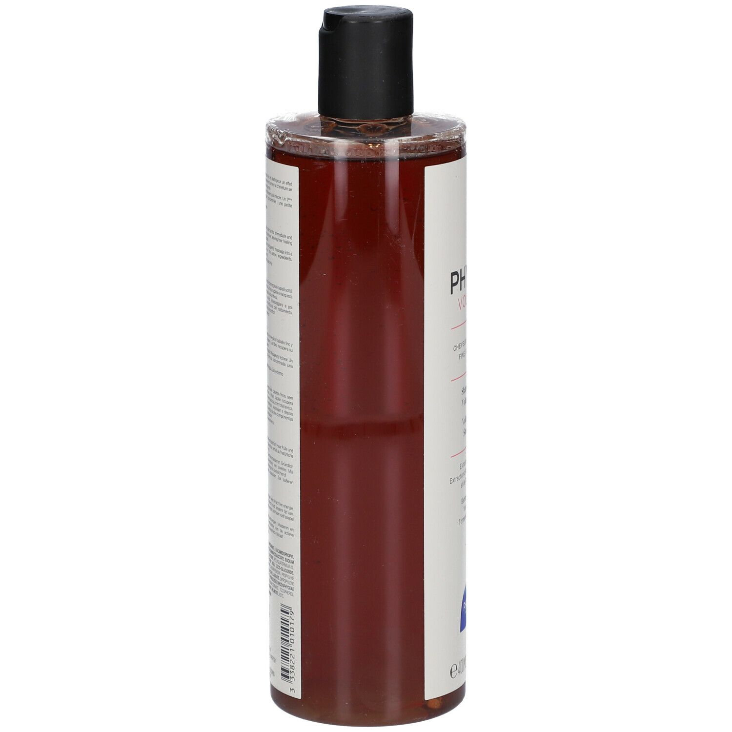 Fles volumizing shampoo, zijaanzicht. Heldere, bruine vloeistof. Zwarte dop. Wit etiket met tekst.