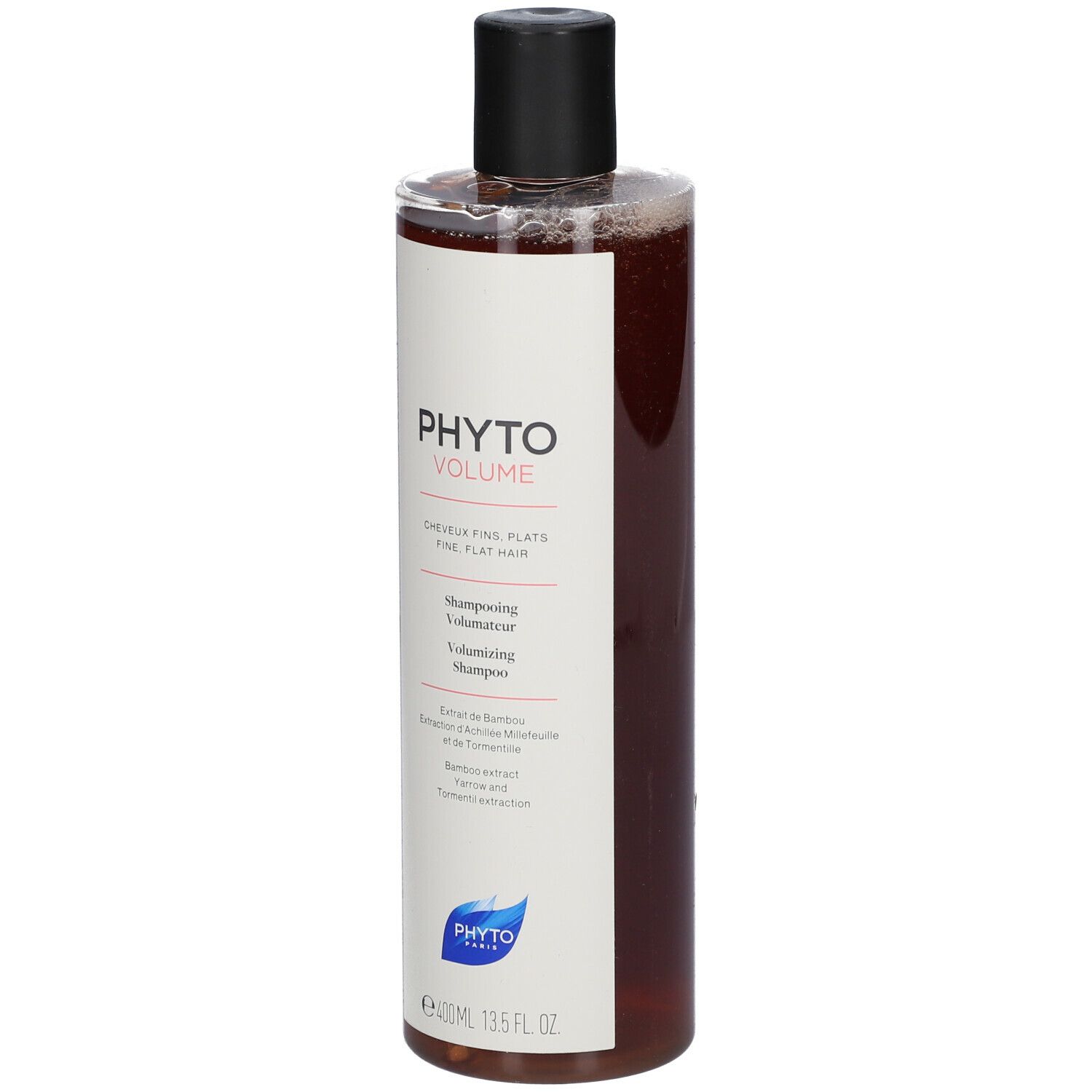 Fles volumizing shampoo. Heldere, bruine vloeistof. Zwarte dop. Wit etiket met tekst: PHYT, VOLUME, Shampooing Volumateur.