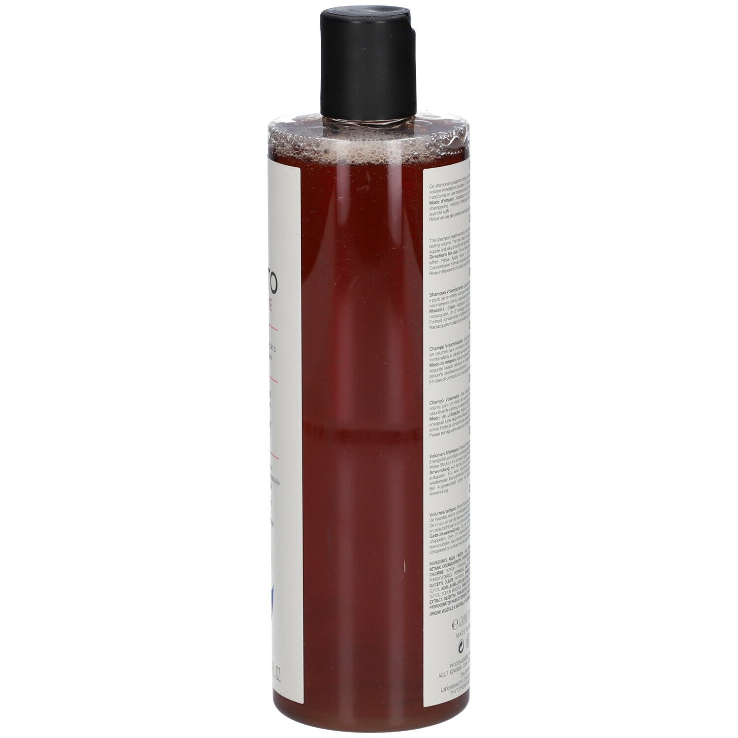 Fles volumizing shampoo, zijaanzicht. Heldere, bruine vloeistof. Zwarte dop. Wit etiket met tekst.