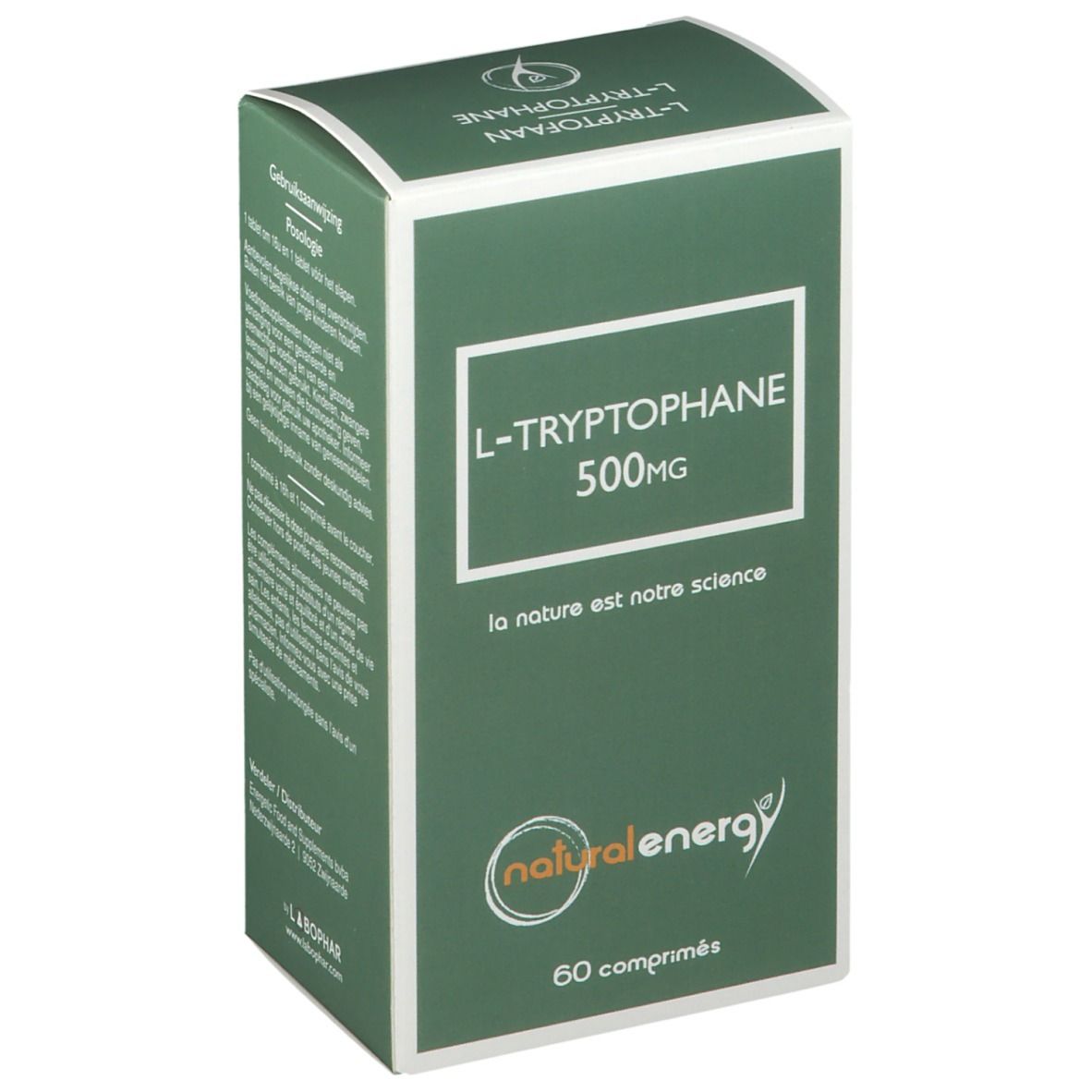 Boîte verte avec cadre blanc. Inscription : L-Tryptophane 500mg. Logo : Natural Energy. 60 comprimés.