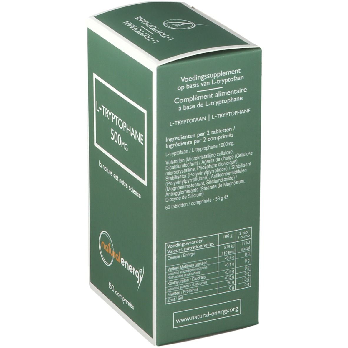 Dos de la boîte verte. Contient des informations sur les ingrédients et les valeurs nutritionnelles. Marque : Natural Energy.