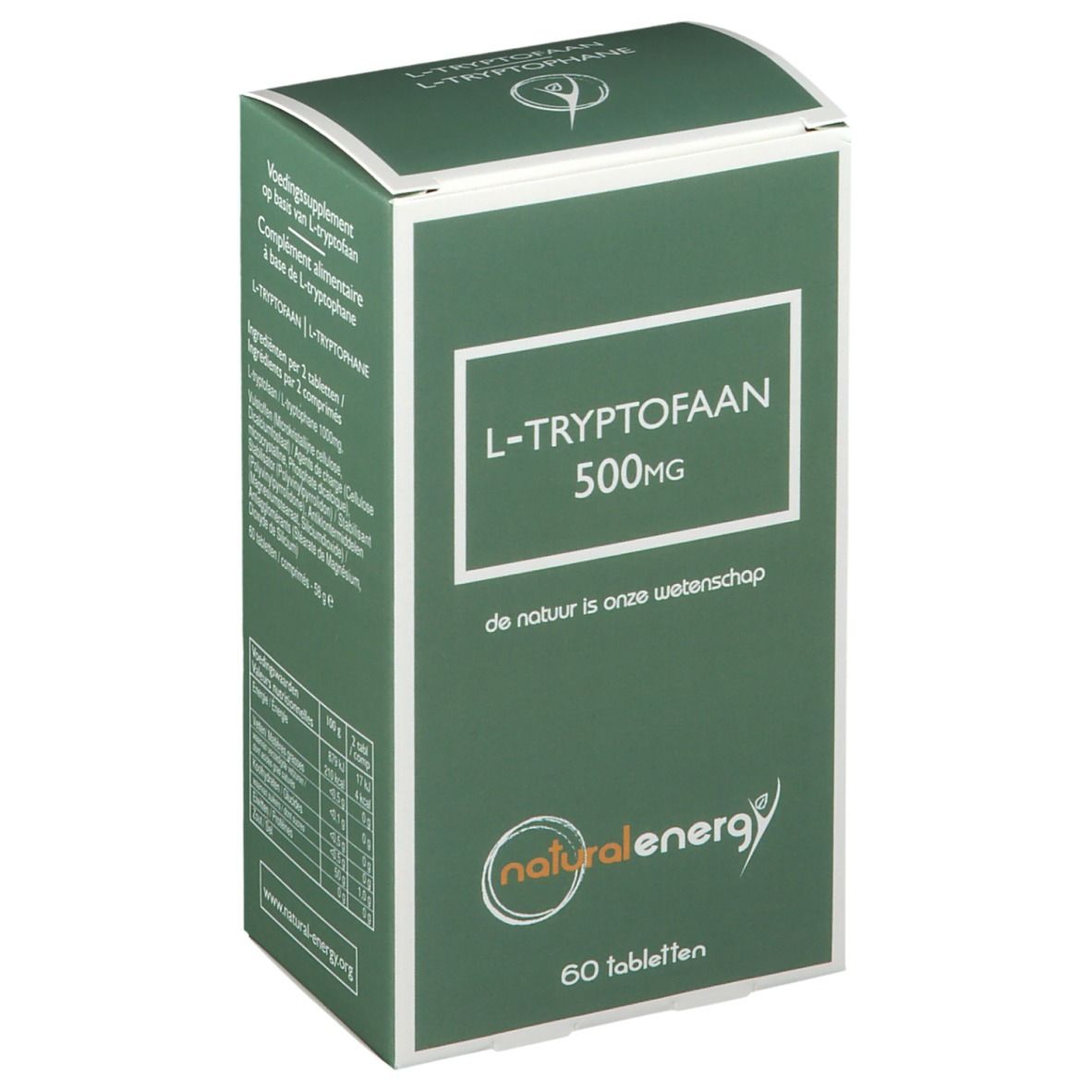 Boîte verte avec cadre blanc. Inscription : L-Tryptophane 500mg. Logo : Natural Energy. 60 comprimés.