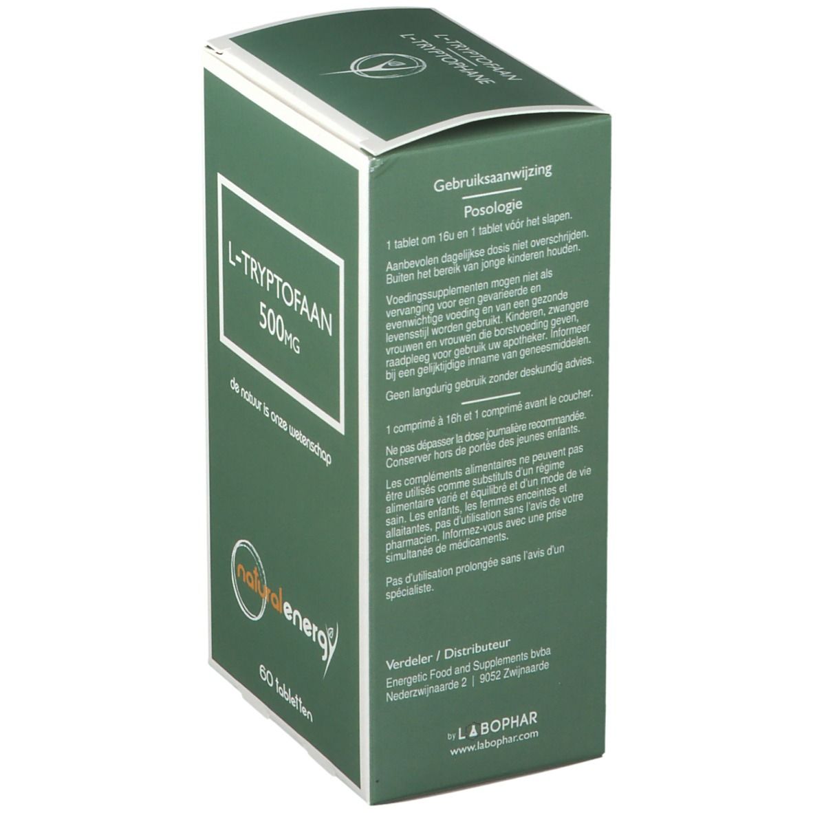Côté de la boîte verte avec instructions d'utilisation. Marque : Natural Energy. Contient des instructions de dosage.