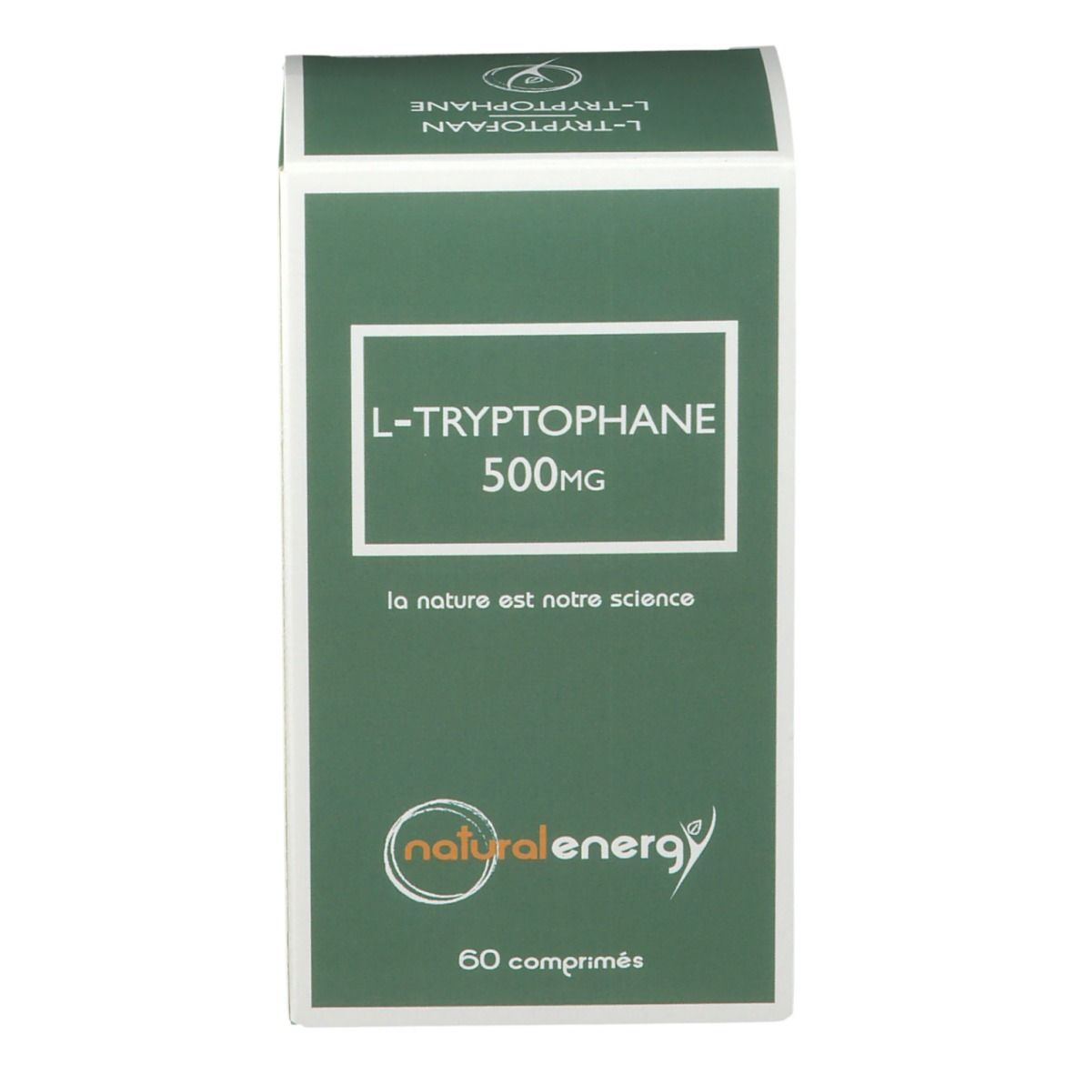 Boîte verte avec cadre blanc. Inscription : L-Tryptophane 500mg. Logo : Natural Energy. 60 comprimés.
