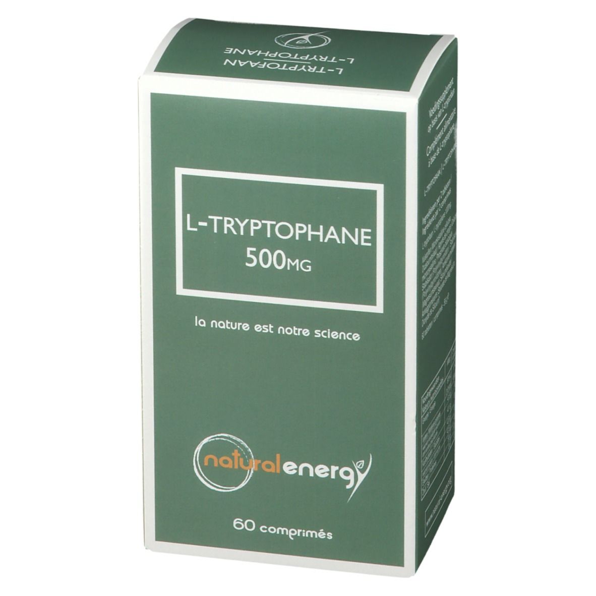 Boîte verte avec cadre blanc. Inscription : L-Tryptophane 500mg. Logo : Natural Energy. 60 comprimés.