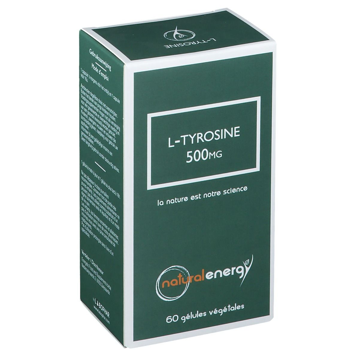 Boîte verte avec cadre blanc. Texte: L-Tyrosine 500MG, logo Natural Energy, 60 gélules végétales.