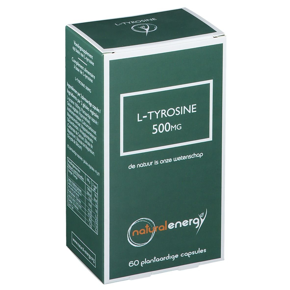 Boîte verte avec cadre blanc. Texte: L-Tyrosine 500MG, logo Natural Energy, 60 plantaardige capsules.